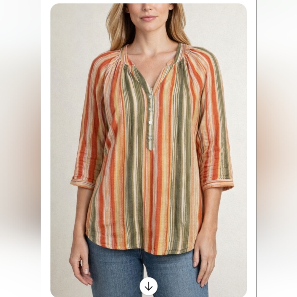 Ruby Rd Linen Blend Green & Orange Striped Blouse Size Medium